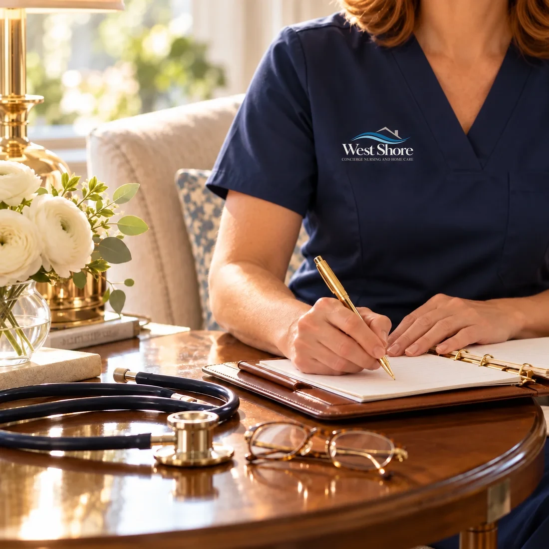 A West Shore nurse writing care notes beside a stethoscope