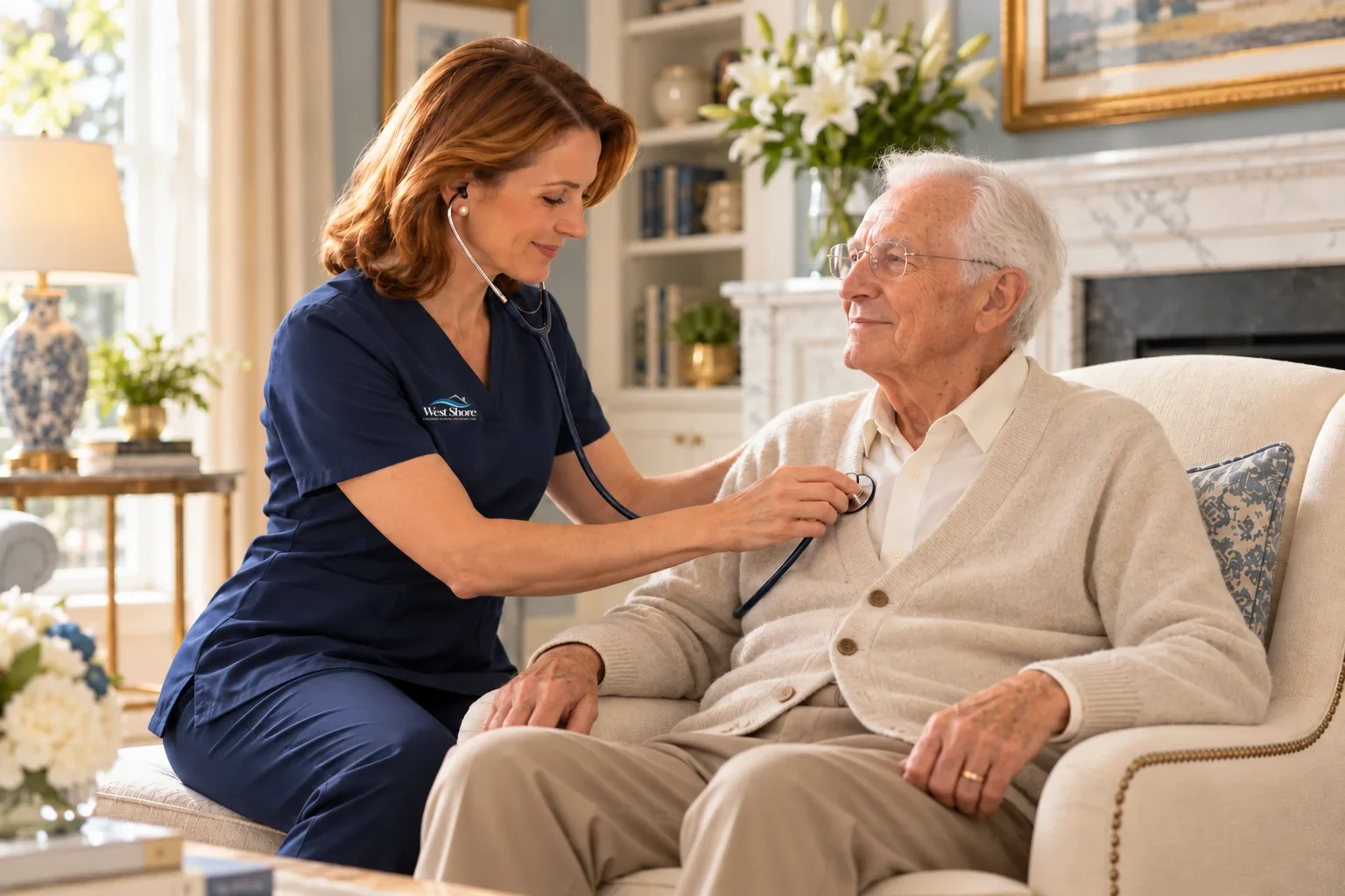 A West Shore nurse listening to a senior man's heartbeat in his elegant sitting room