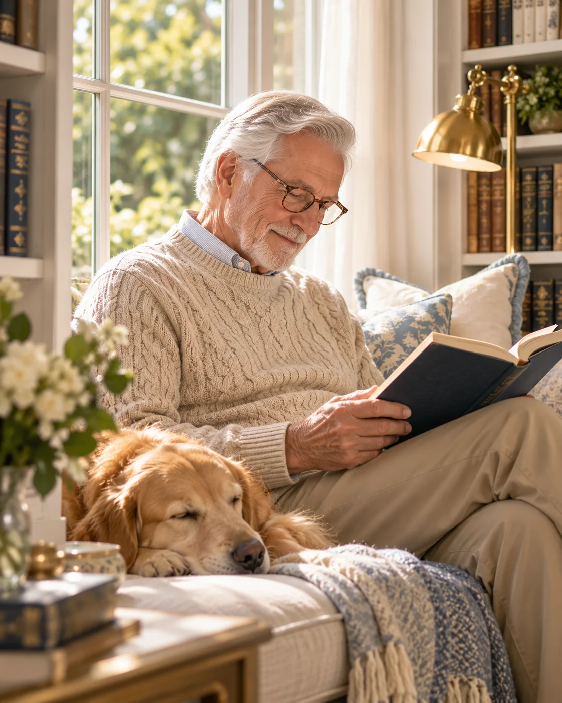 A senior man reading on a window seat beside his sleeping golden retriever